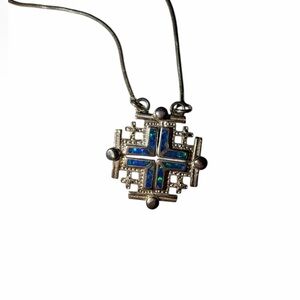 OPAL blue green JERUSALEM .925 magnetic closing Pendant Necklace 9 grams